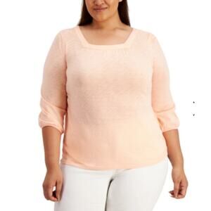 Style & Co 3/4 Sleeve Square-Neck Top in Peach Sherbet - 2X